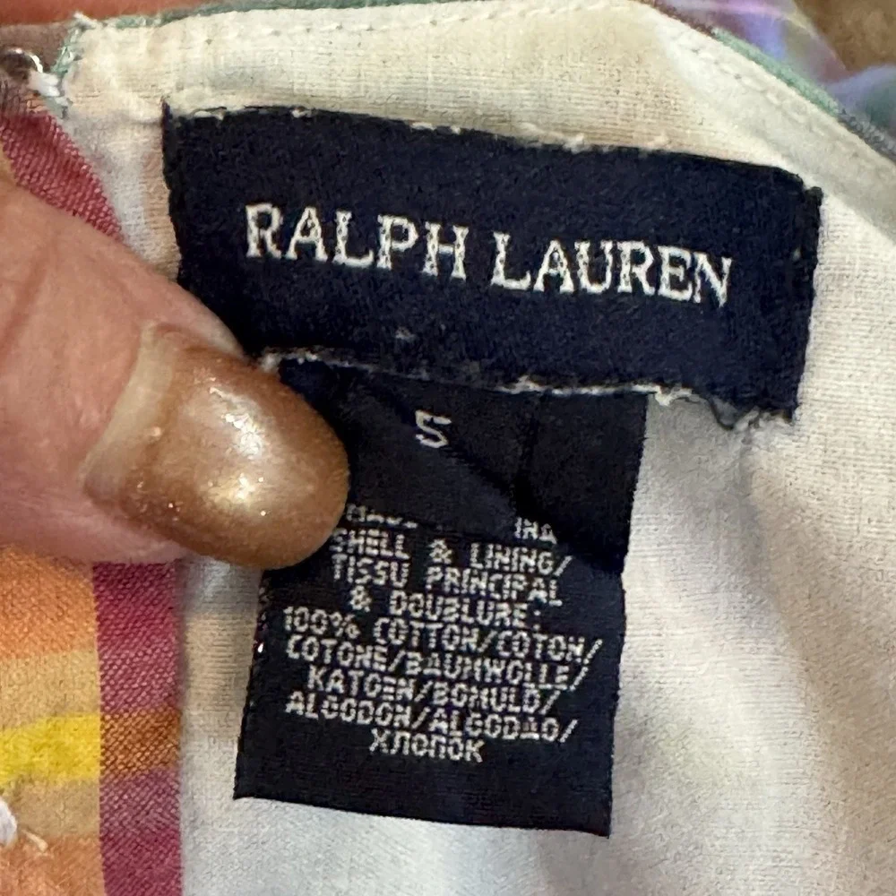 Ralph Lauren Girls Madras Plaid Party Dress Tiered Ruffle Cotton Sz 5